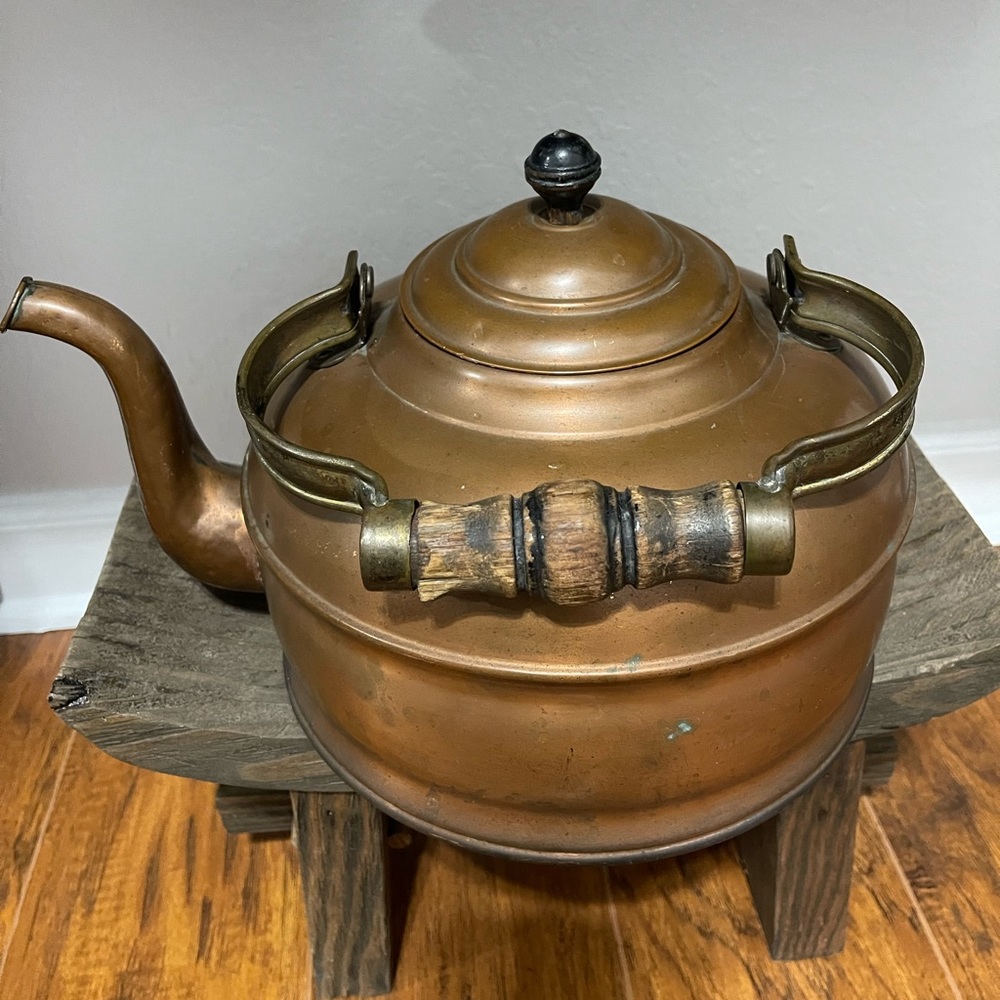 Vintage copper teapot kettle tin lined inside & wood handle
